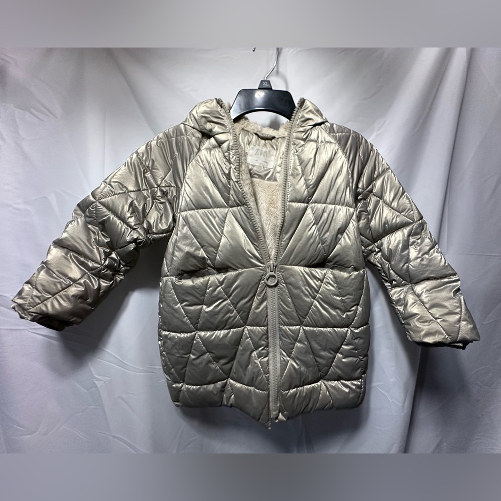 Zara Girls, Kids Metallic Gold-Colored, Quilted Puffer Jacket, Coat w/Hood
